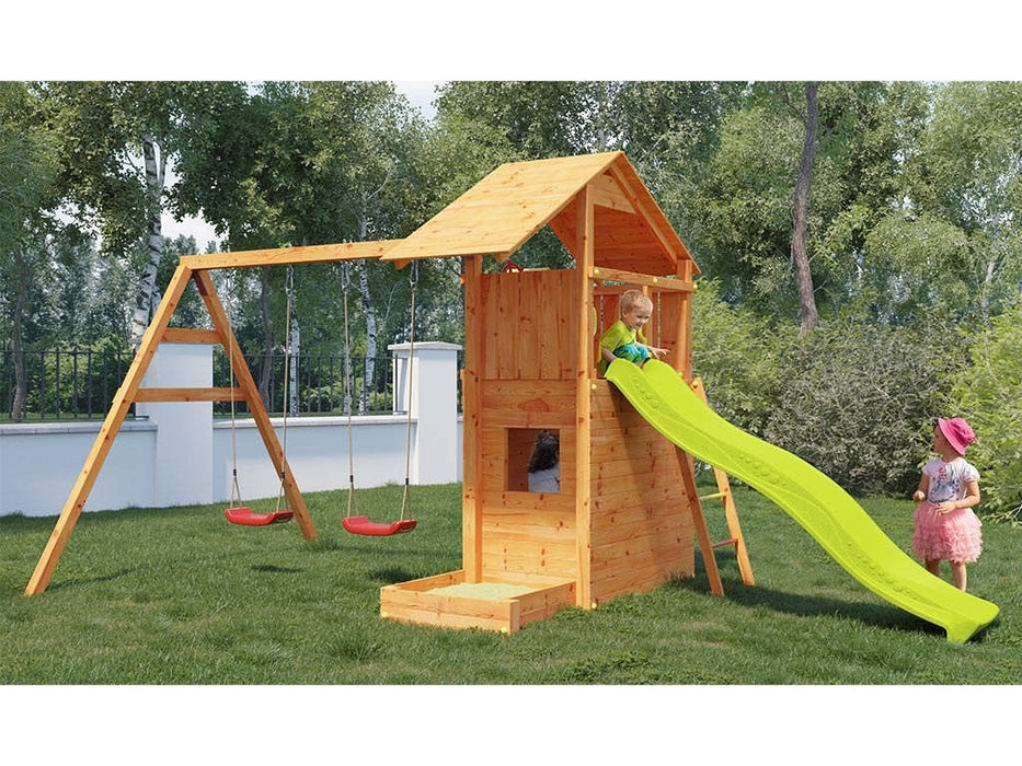 Spielturm 'SHARP' teakfarben inkl. Rutsche Gelb, 493x258x254cm (BxTxH)