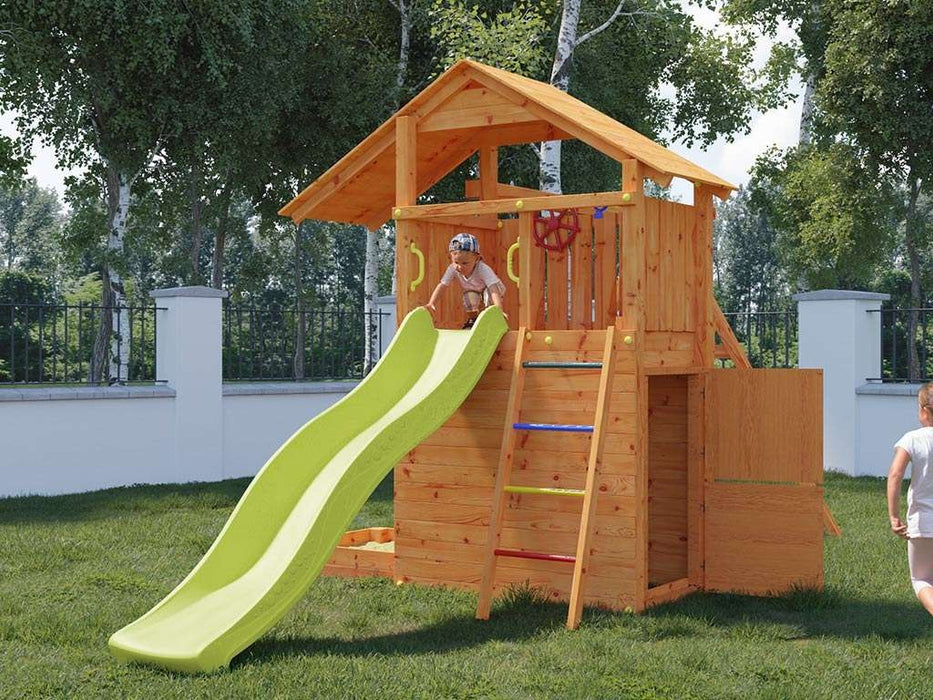Spielturm 'SHARP' teakfarben inkl. Rutsche Gelb, 493x258x254cm (BxTxH)