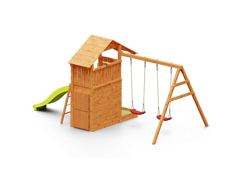 Spielturm 'SHARP' teakfarben inkl. Rutsche Gelb, 493x258x254cm (BxTxH)