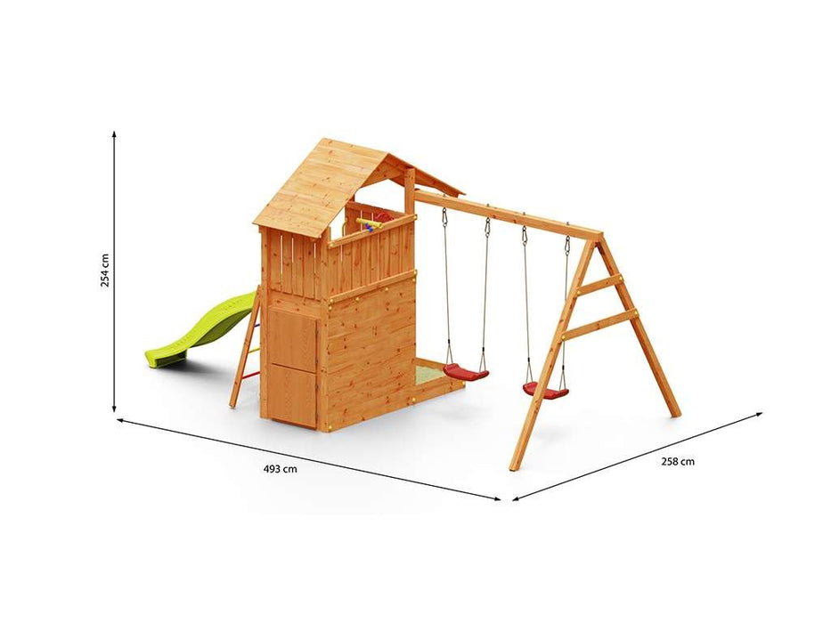 Spielturm 'SHARP' teakfarben inkl. Rutsche Gelb, 493x258x254cm (BxTxH)