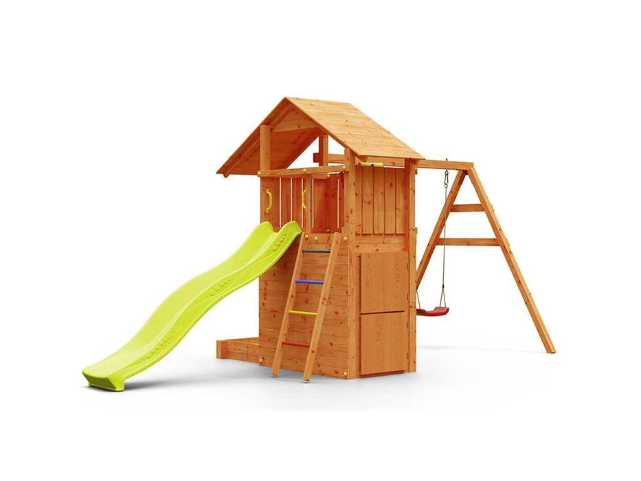 Spielturm 'SHARP' teakfarben inkl. Rutsche Gelb, 493x258x254cm (BxTxH)