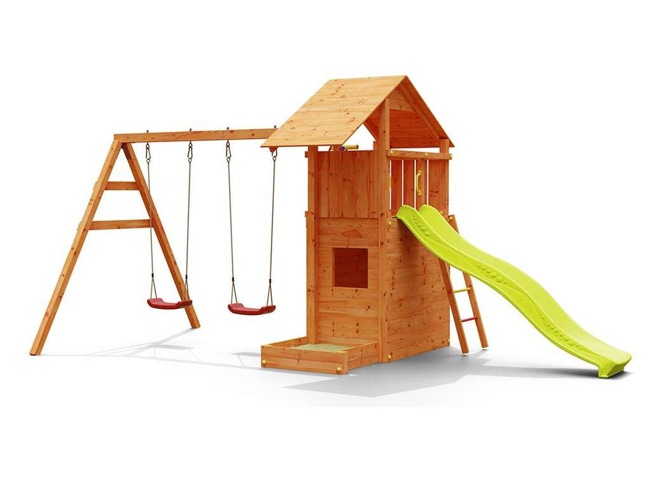 Spielturm 'SHARP' teakfarben inkl. Rutsche Gelb, 493x258x254cm (BxTxH)