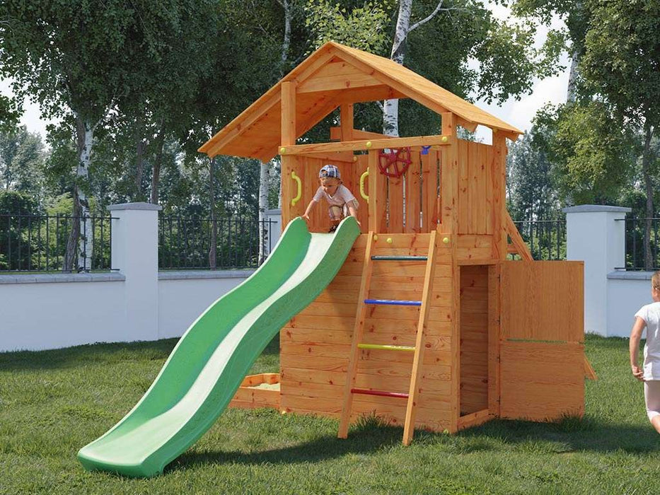 Tour de jeu 'SHARP' couleur teck avec toboggan vert, 493x258x254cm (LxPxH)