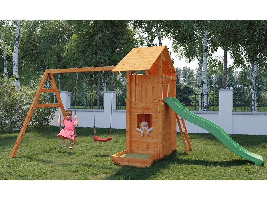 Tour de jeu 'SHARP' couleur teck avec toboggan vert, 493x258x254cm (LxPxH)