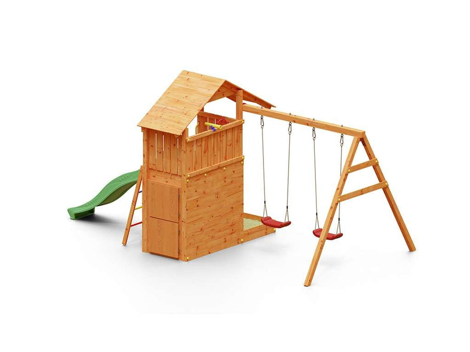 Tour de jeu 'SHARP' couleur teck avec toboggan vert, 493x258x254cm (LxPxH)