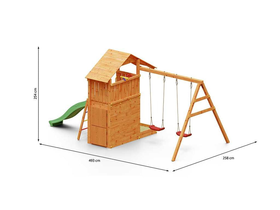 Tour de jeu 'SHARP' couleur teck avec toboggan vert, 493x258x254cm (LxPxH)