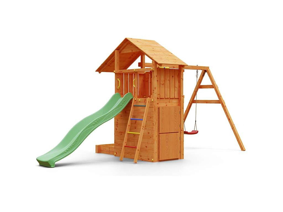Tour de jeu 'SHARP' couleur teck avec toboggan vert, 493x258x254cm (LxPxH)