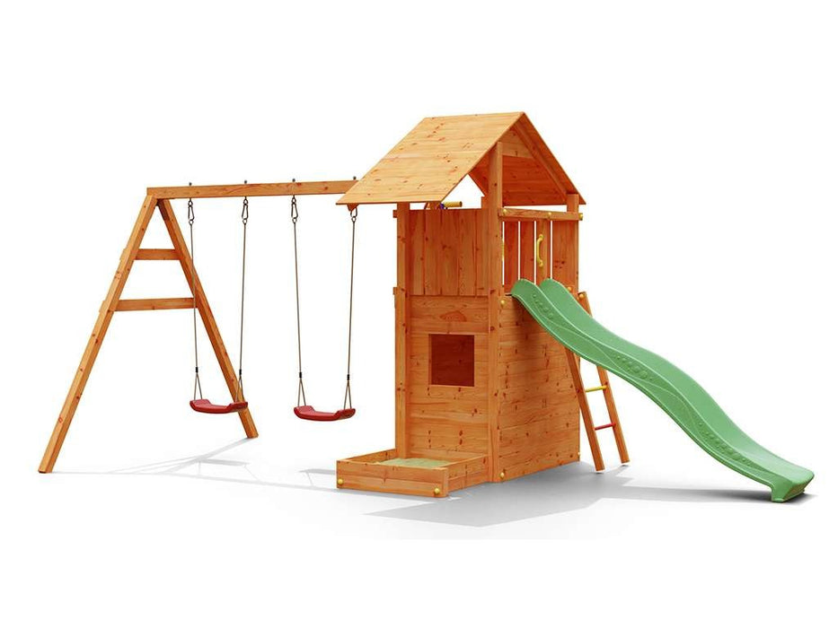 Tour de jeu 'SHARP' couleur teck avec toboggan vert, 493x258x254cm (LxPxH)