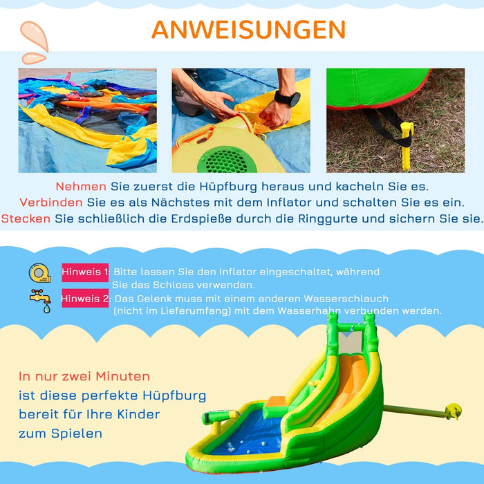 Aufblasbare Hüpfburg mit Gebläse Wasserrutsche Spielpool Aufblasbare Wasserspielcenter mit Rutsche Wasserpark aufblasbar Planschbecken ab 3 Jahre, 380x285x225cm