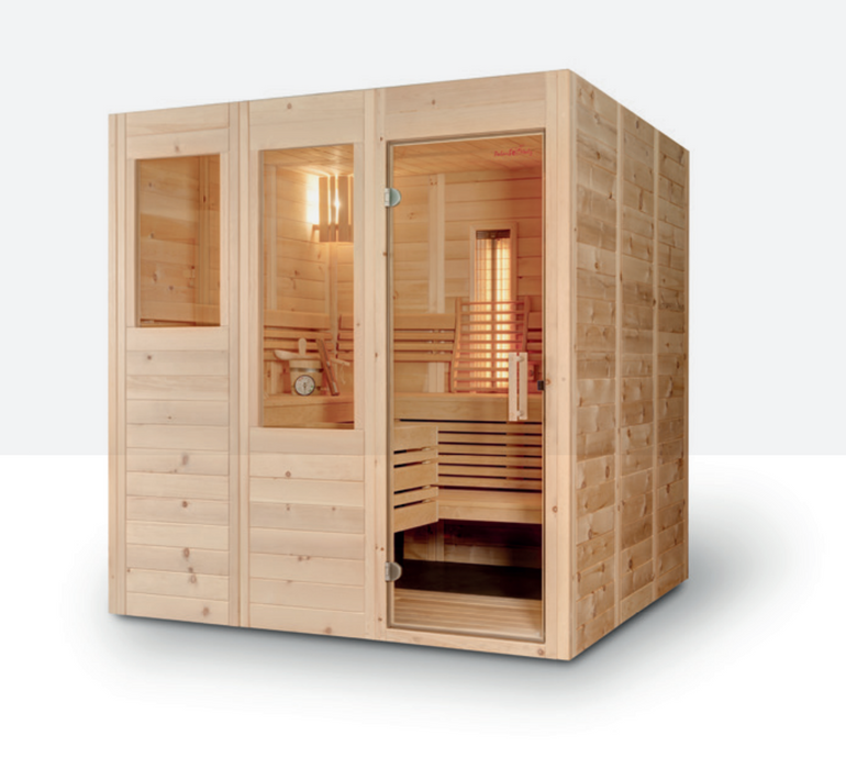 Sauna en bois massif pine suisse, Vénus "moyen-taille" - 130x130 cm jusqu'à 190x190cm - adaptable individuellement