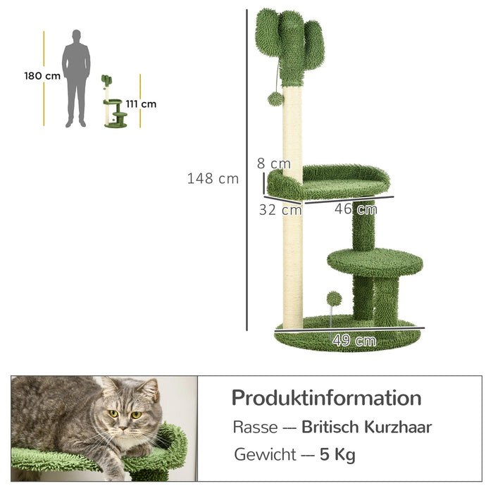 Grattant l'arbre dans la conception du cactus, 2 plates-formes, couverture souple, 2 balles de jeu, vert, φ49x11cm