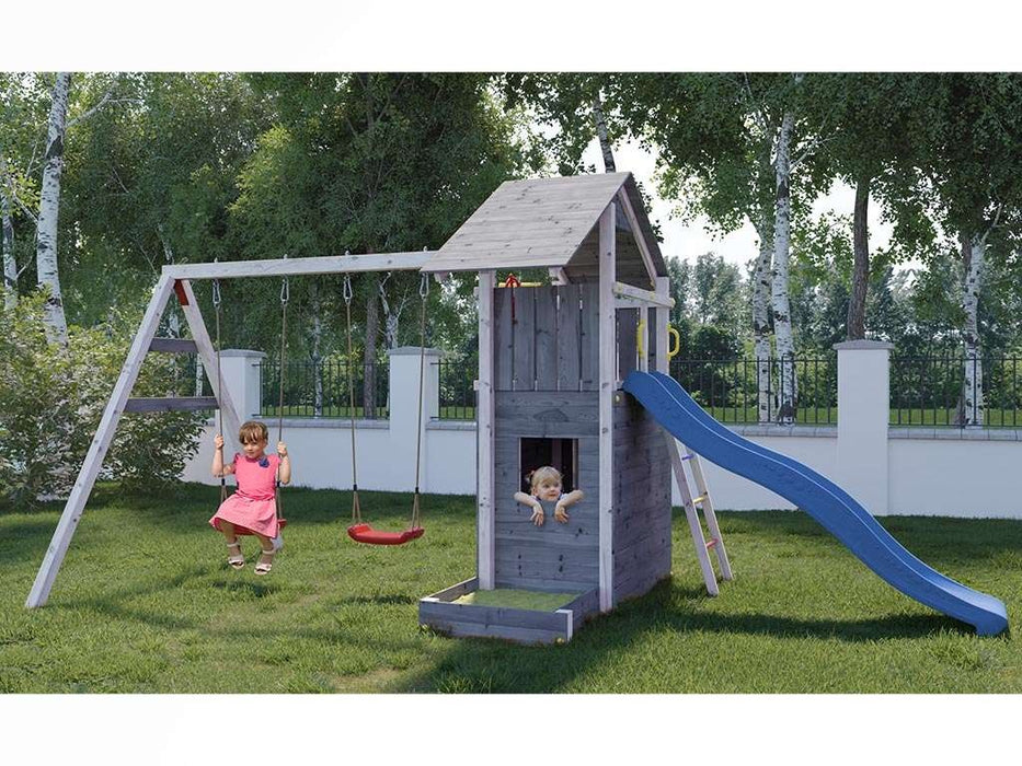 Spielturm 'SHARP' grau/weiss inkl. Rutsche Blau, 493x258x254cm (BxTxH)
