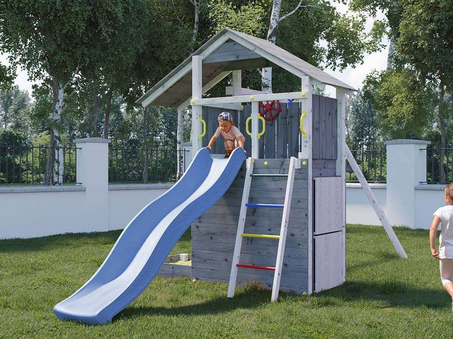 Spielturm 'SHARP' grau/weiss inkl. Rutsche Blau, 493x258x254cm (BxTxH)