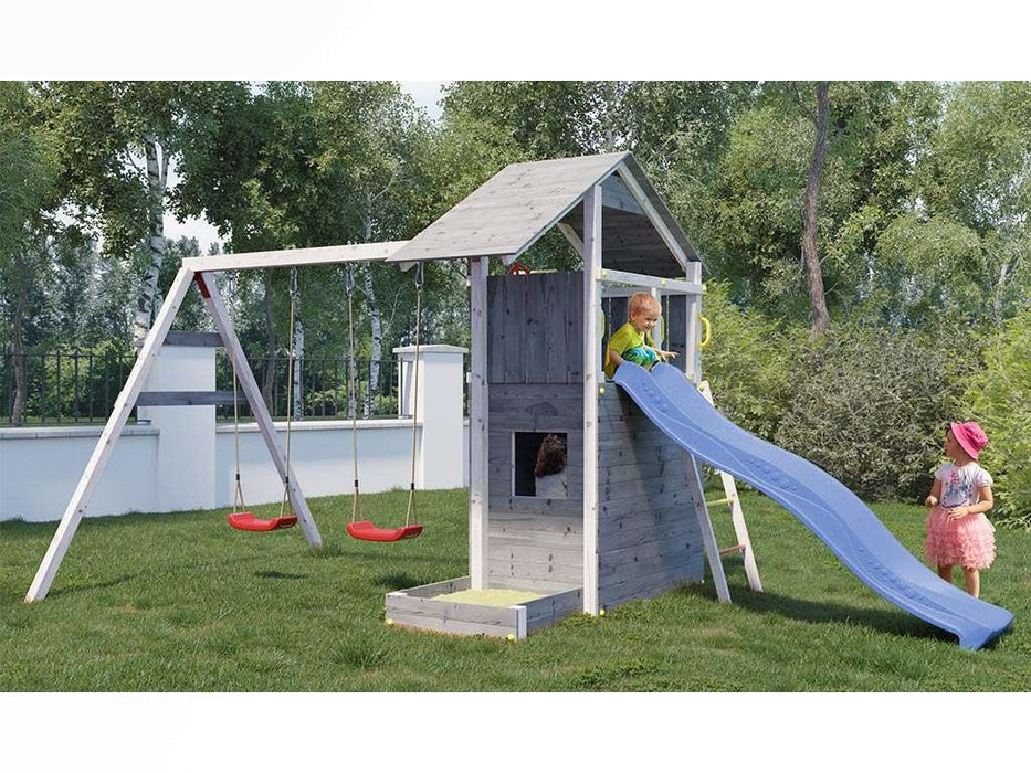 Spielturm 'SHARP' grau/weiss inkl. Rutsche Blau, 493x258x254cm (BxTxH)