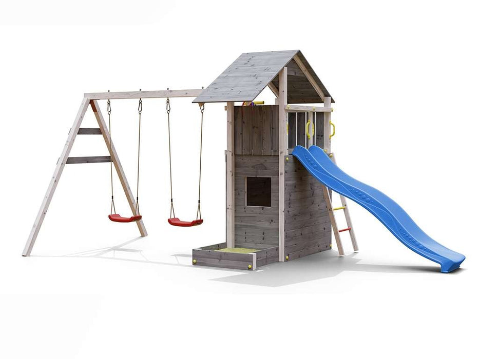 Spielturm 'SHARP' grau/weiss inkl. Rutsche Blau, 493x258x254cm (BxTxH)