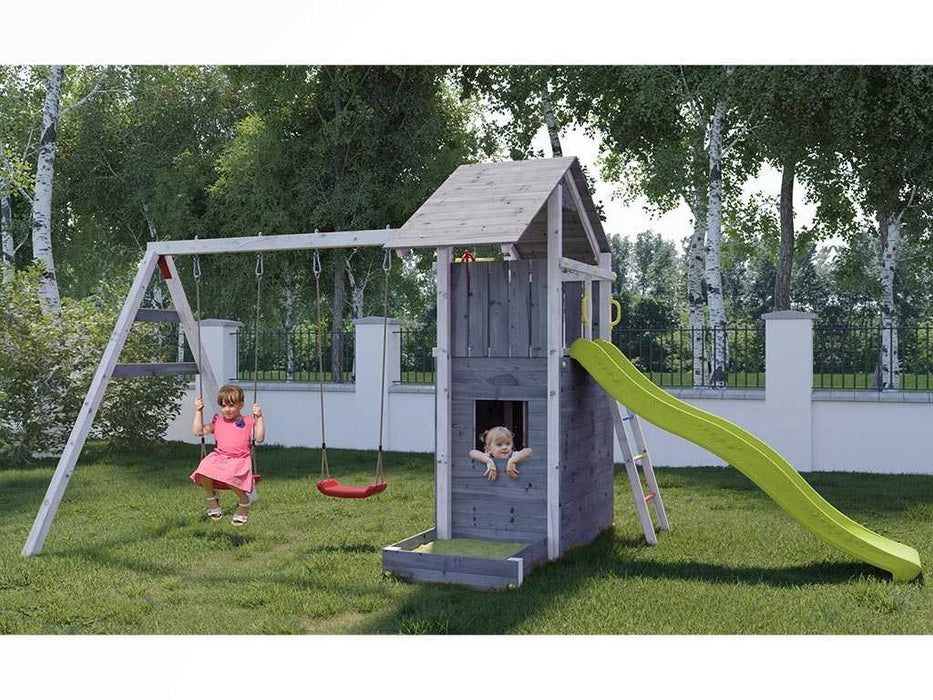 Spielturm 'SHARP' grau/weiss inkl. Rutsche Gelb, 493x258x254cm (BxTxH)