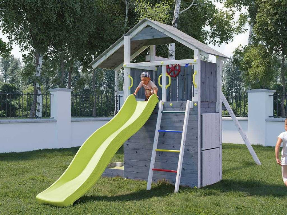 Spielturm 'SHARP' grau/weiss inkl. Rutsche Gelb, 493x258x254cm (BxTxH)