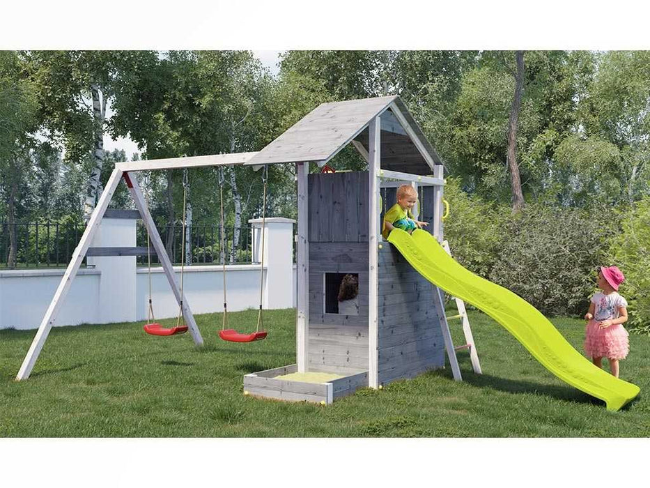 Spielturm 'SHARP' grau/weiss inkl. Rutsche Gelb, 493x258x254cm (BxTxH)