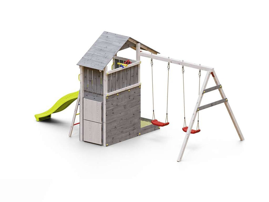 Spielturm 'SHARP' grau/weiss inkl. Rutsche Gelb, 493x258x254cm (BxTxH)