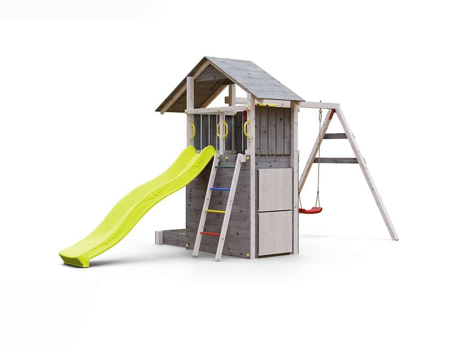 Spielturm 'SHARP' grau/weiss inkl. Rutsche Gelb, 493x258x254cm (BxTxH)