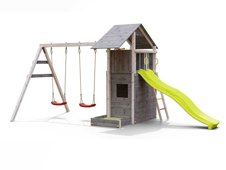 Spielturm 'SHARP' grau/weiss inkl. Rutsche Gelb, 493x258x254cm (BxTxH)