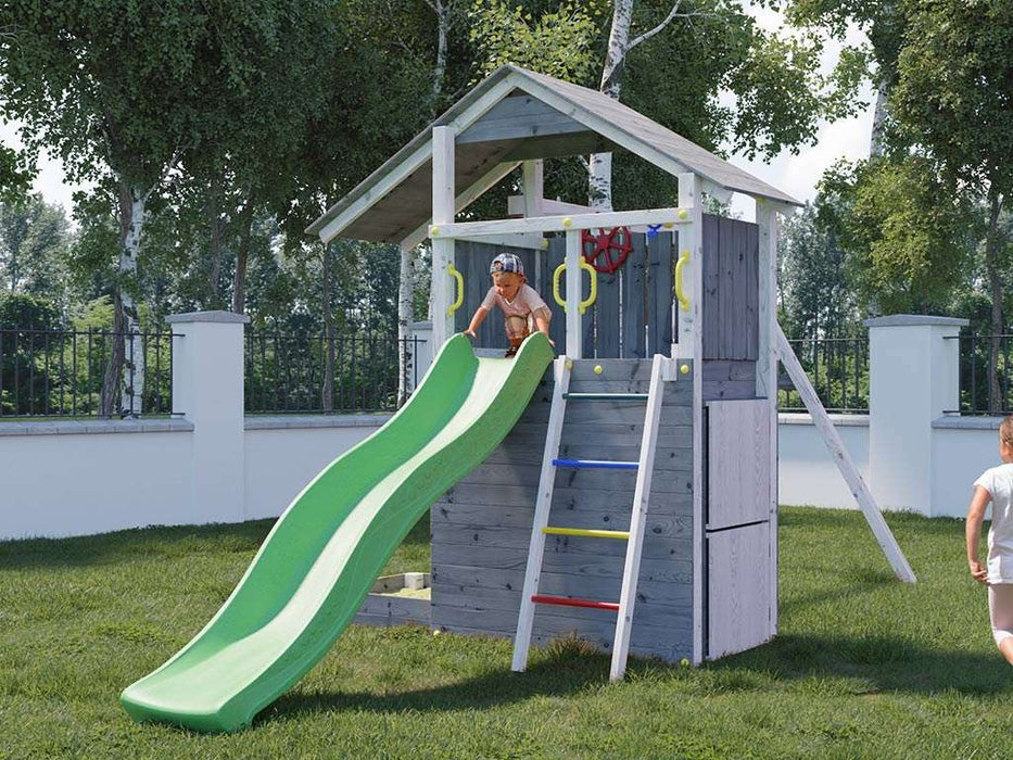 Spielturm 'SHARP' grau/weiss inkl. Rutsche Grün, 493x258x254cm (BxTxH)
