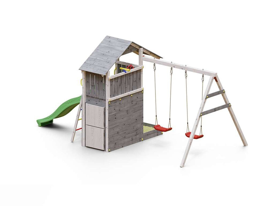 Spielturm 'SHARP' grau/weiss inkl. Rutsche Grün, 493x258x254cm (BxTxH)