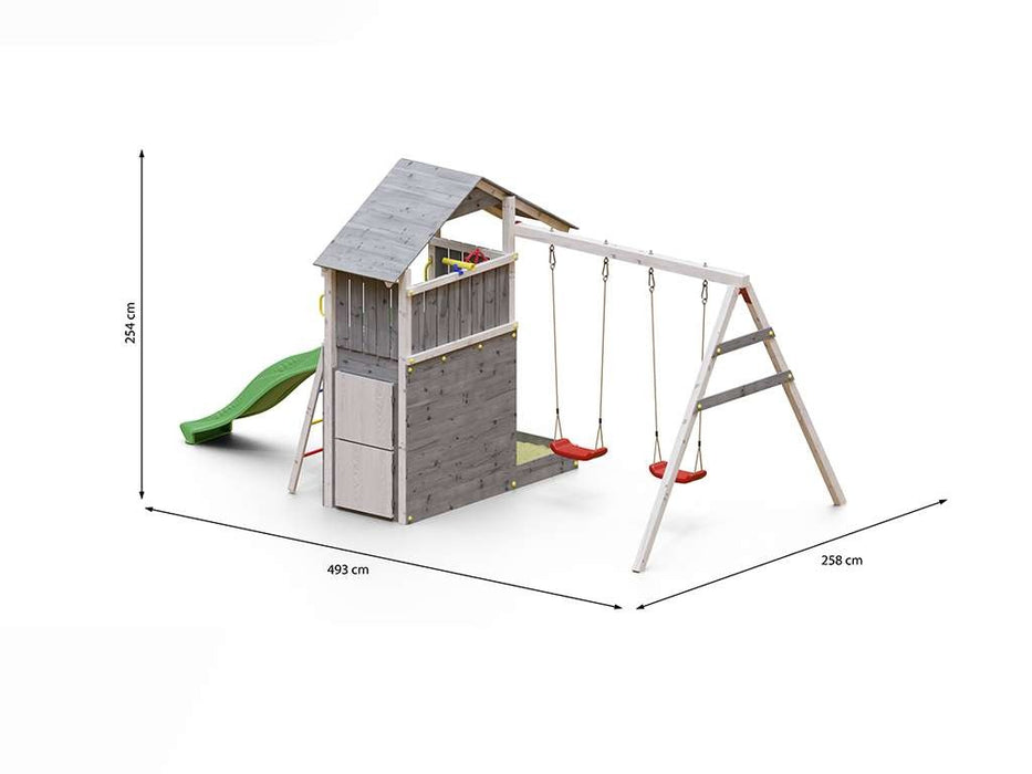 Spielturm 'SHARP' grau/weiss inkl. Rutsche Grün, 493x258x254cm (BxTxH)