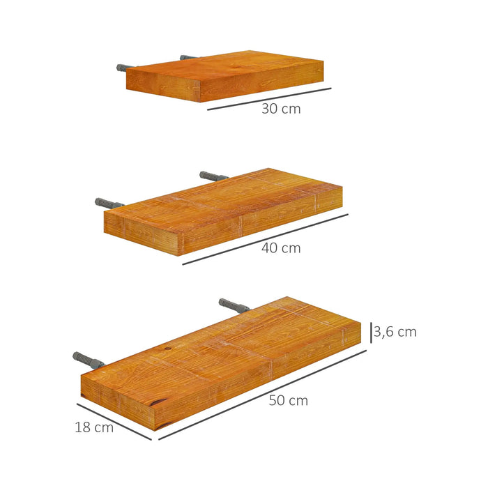 3-er set wall shelves, 50x18x3.6cm, pine wood, brown