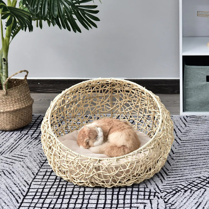 Cat bed made of rattan with pillow, animal bed for cats dogs, beige Ø56x35cm