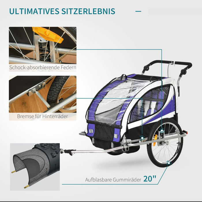 Children's bike trailer for 2 children including reflectors and flags