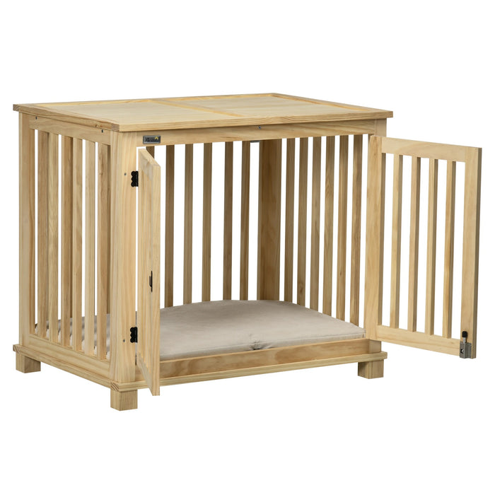 Dog cage with locking and upholstery natural wood, 82.5x57x72cm