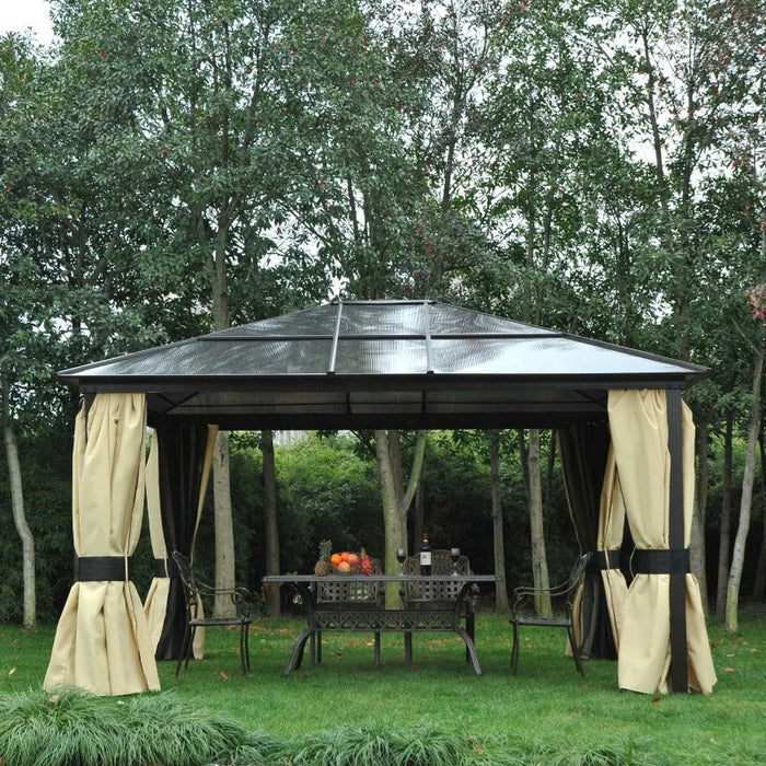 Hardtop-Gartenpavillon 4,2x3,6m, Vorhänge mit Fliegennetz, Alugestell, Braun+Creme