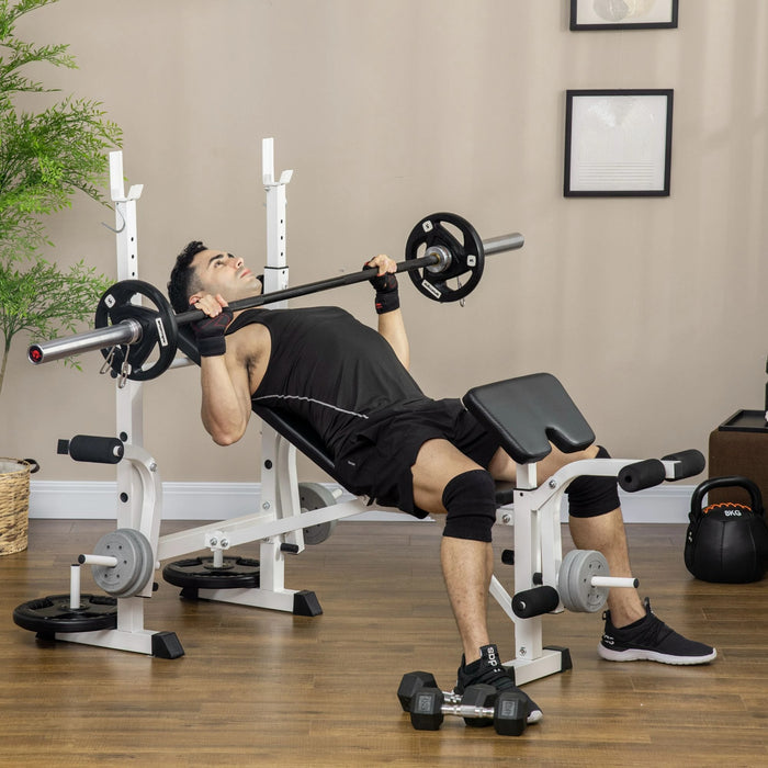 Haltère avec haltère, poitrine de poitrine, presse à jambe, accoudoir pour boucles de biceps, acier, noir + blanc