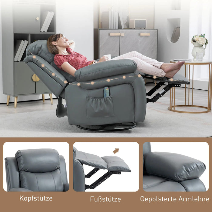 Chaise de massage, bascule et fonction de couchage, rotatif, jusqu'à 150 kg, cuir synthétique, gris