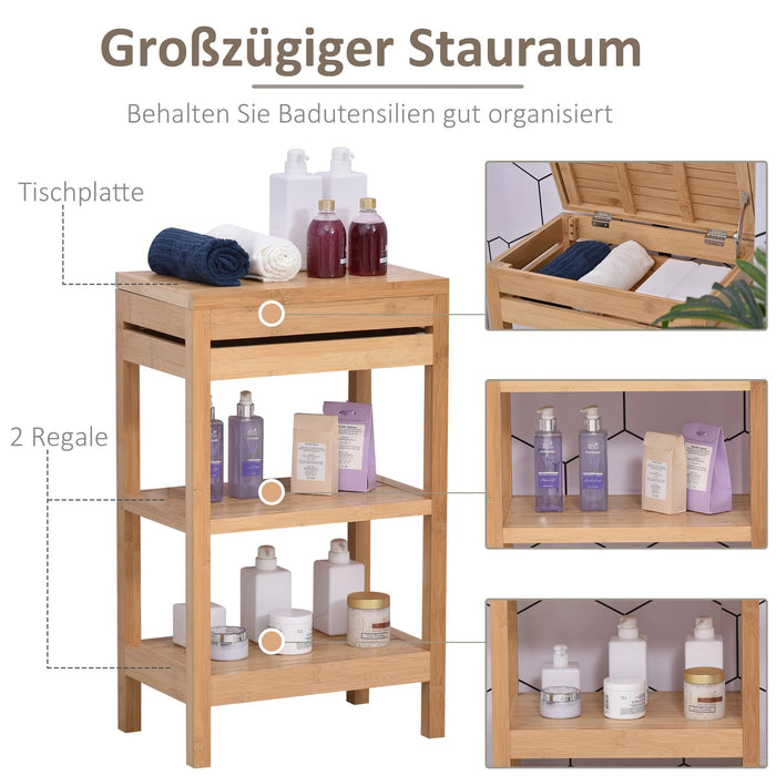 Bathroom shelf, with a hinged lid, bathroom standing shelf with 2 shelves, bamboo, nature, 46x29.5x76.5cm