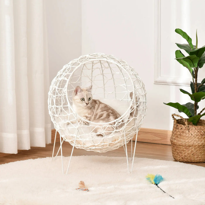 Panier de chat en rotin, lit de chat avec oreiller accrue design lit pour animaux de compagnie crème blanc Ø45x57hcm