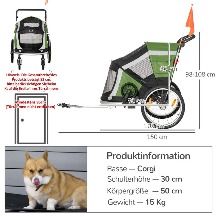 Remorque de vélo de doigts pour chiens pour chiens remorque de vélo 2-en-1 vert, 150x82x108cm