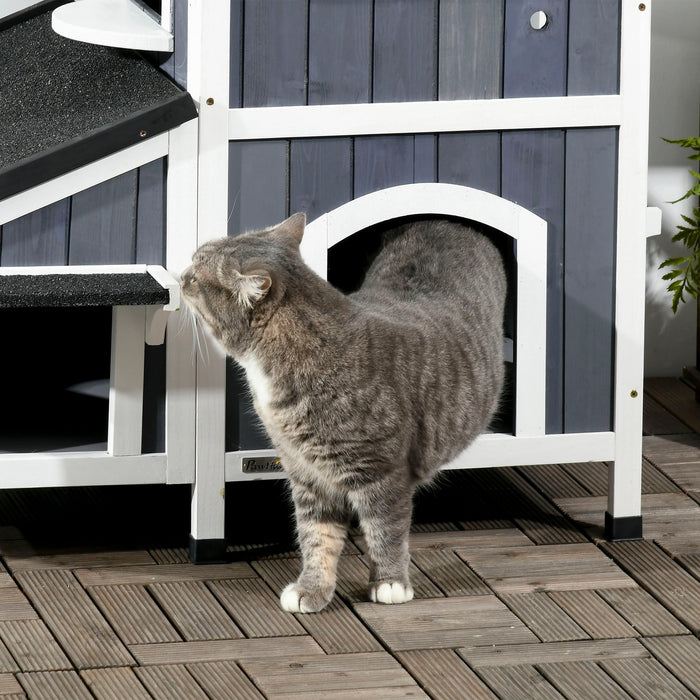 Outdoor-Katzenhaus, zweistöckig, Bodenabstand, Naturholz, grau, 96x65x85,5cm