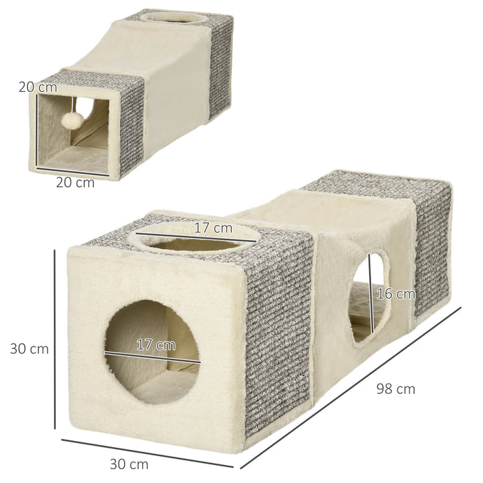 Tunnel de chat, 2 creux de chat, zones à gratter et jouets à balle, 98x30x30cm