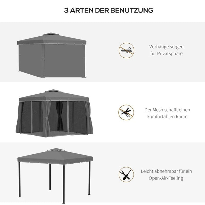 Gartenpavillon Pavillon 2,96x2,96m Gartenzelt mit Doppeldach Festzelt Partyzelt mit 4x Seitenteile Moskitonetz wetterfest Aluminium Polyester Dunkelgrau