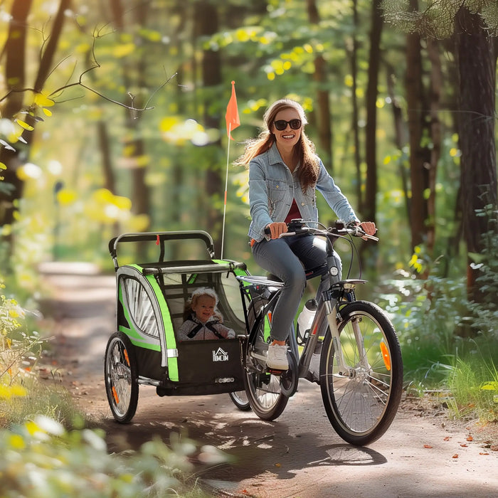 Remorque de vélo Trailer à vélo 2-en-1 pour 2 enfants Fonction coulissante Freinche de protection contre la pluie, vert