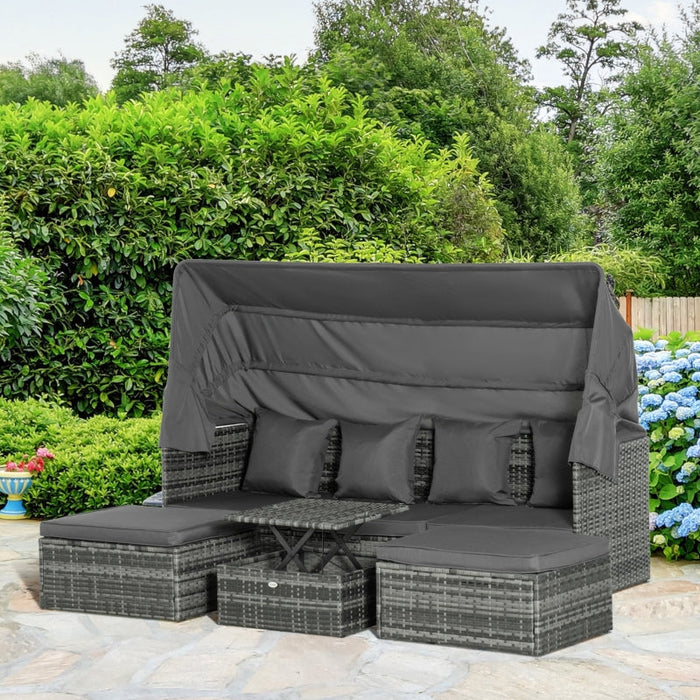 Poly Rattan Lounge Set Loungegruppe mit Sonnendach Faltdach Sitzgruppe Sonneninsel inkl. Kissen und Beistelltisch Gartenmöbel Outdoor Grau