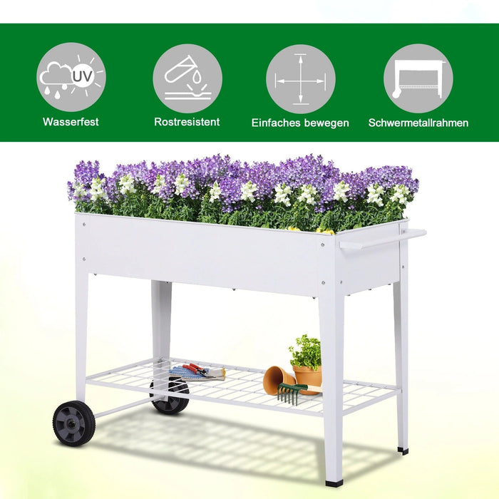 Hochbeet, Mobiler Pflanzenwagen mit Stauraum, Pflanzenbeet mit 2 Rollen, Metall, Weiß, 112x59x80cm