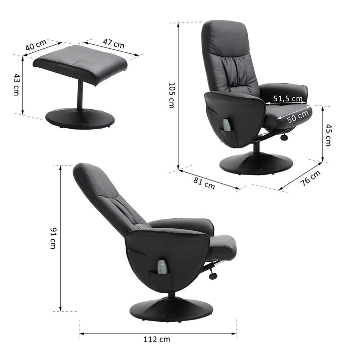 Massage chair with foot stool lying function with 10 vibration points 76x81x105cm