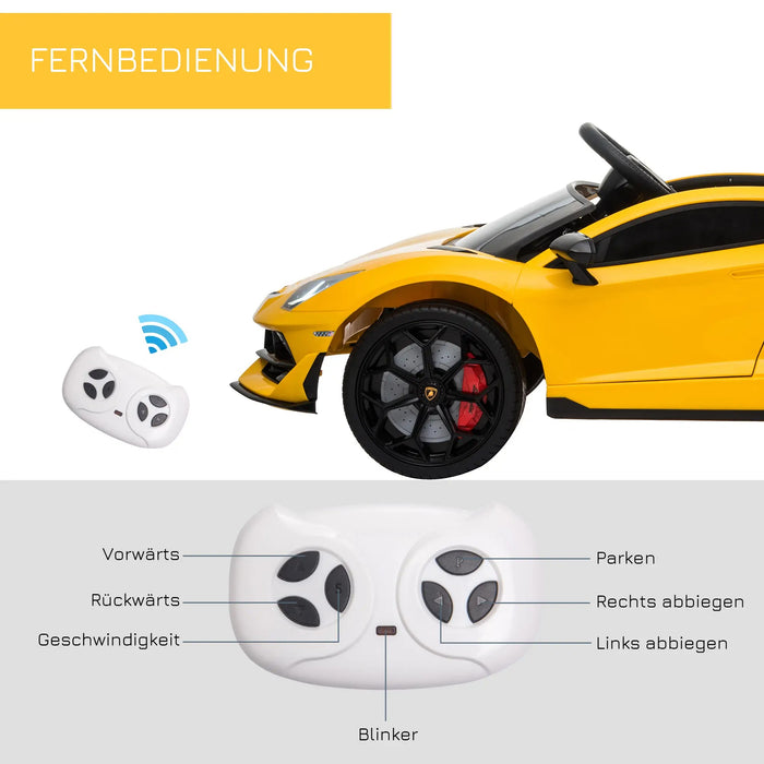 Voiture électrique pour enfants 12v Lamborghini SVJ sous licence pendant 3-8 ans avec télécommande 2x550 moteurs MP3 / USB Musique légère métal jaune 123x66.55.5 cm