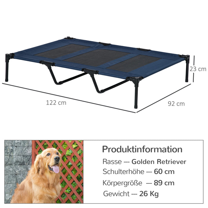 Lit de chien extérieur support pliable bleu + noir, 122x92x23cm