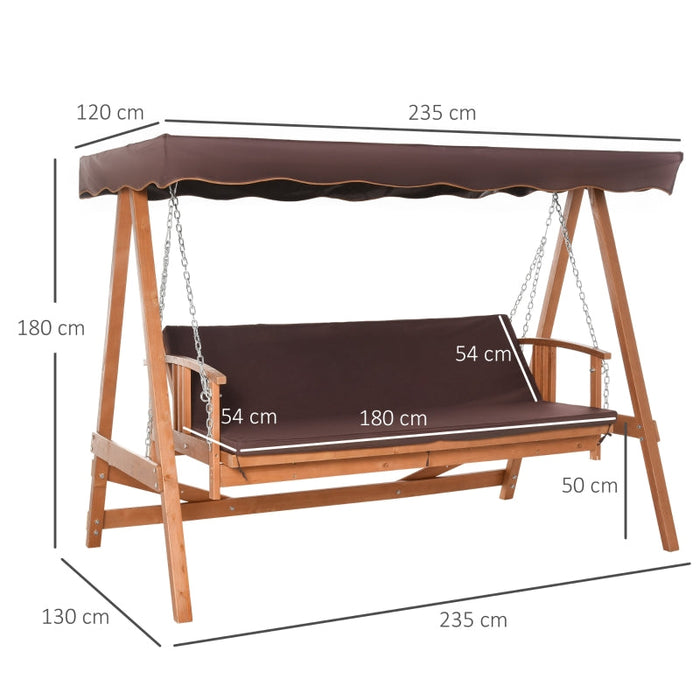 Hollywoodschaukel Echtholz-Gartenschaukel Schaukelbank Liege-Funktion aus Tannenholz für 3 Personen Natur+Braun