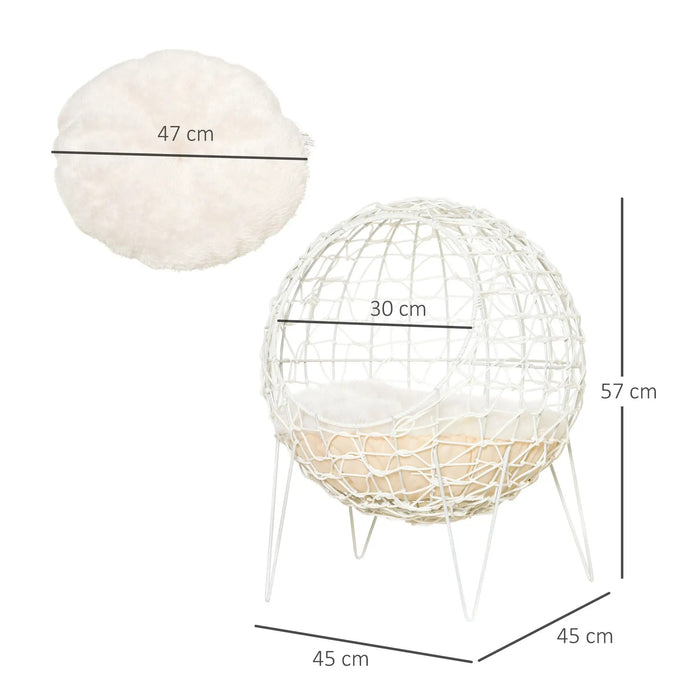 Panier de chat en rotin, lit de chat avec oreiller accrue design lit pour animaux de compagnie crème blanc Ø45x57hcm