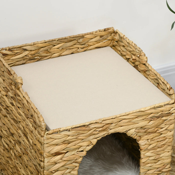 Cat Cave en herbe de jacinthe d'eau, 2 surface couchée, 2 oreillers lavables, nature + blanc